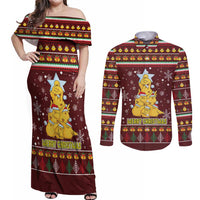 Merry Chickmas Christmas Couples Matching Off Shoulder Maxi Dress and Long Sleeve Button Shirt with Yellow Chickens Tree Design and Snowflake Pattern - Wonder Print Shop