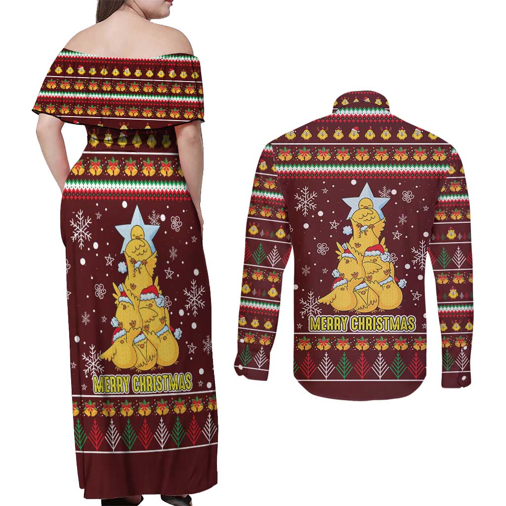 Merry Chickmas Christmas Couples Matching Off Shoulder Maxi Dress and Long Sleeve Button Shirt with Yellow Chickens Tree Design and Snowflake Pattern - Wonder Print Shop