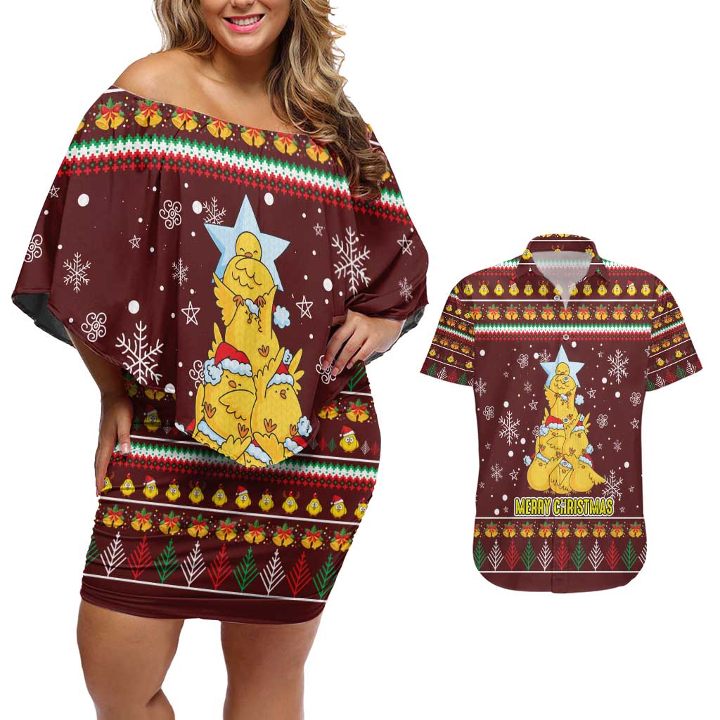 Merry Chickmas Christmas Couples Matching Off Shoulder Short Dress and Hawaiian Shirt with Yellow Chickens Tree Design and Snowflake Pattern - Wonder Print Shop