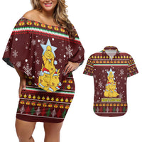 Merry Chickmas Christmas Couples Matching Off Shoulder Short Dress and Hawaiian Shirt with Yellow Chickens Tree Design and Snowflake Pattern - Wonder Print Shop