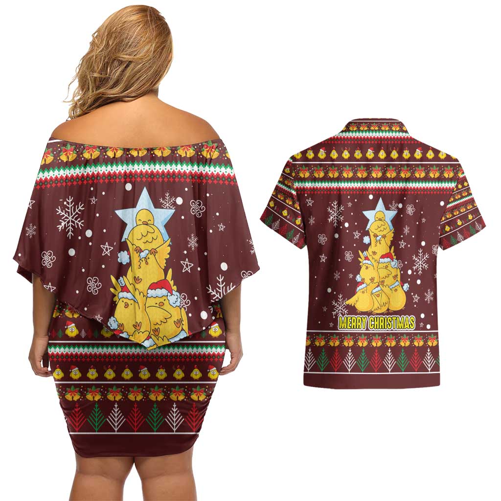 Merry Chickmas Christmas Couples Matching Off Shoulder Short Dress and Hawaiian Shirt with Yellow Chickens Tree Design and Snowflake Pattern - Wonder Print Shop