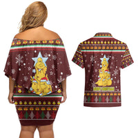 Merry Chickmas Christmas Couples Matching Off Shoulder Short Dress and Hawaiian Shirt with Yellow Chickens Tree Design and Snowflake Pattern - Wonder Print Shop