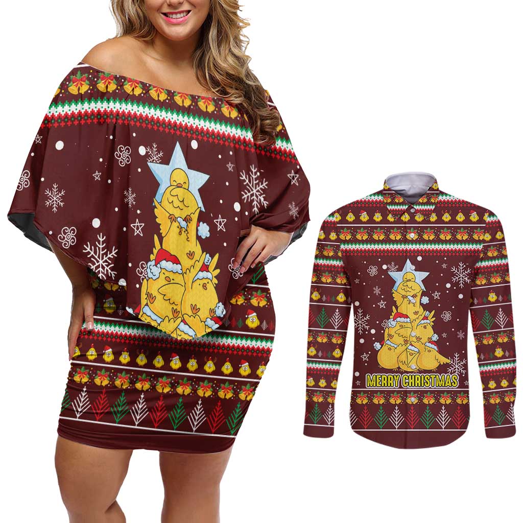 Merry Chickmas Christmas Couples Matching Off Shoulder Short Dress and Long Sleeve Button Shirt with Yellow Chickens Tree Design and Snowflake Pattern - Wonder Print Shop