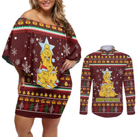 Merry Chickmas Christmas Couples Matching Off Shoulder Short Dress and Long Sleeve Button Shirt with Yellow Chickens Tree Design and Snowflake Pattern - Wonder Print Shop
