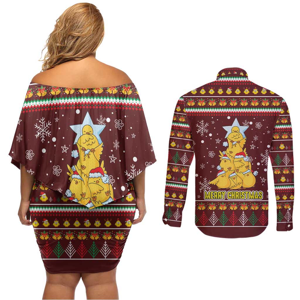 Merry Chickmas Christmas Couples Matching Off Shoulder Short Dress and Long Sleeve Button Shirt with Yellow Chickens Tree Design and Snowflake Pattern - Wonder Print Shop