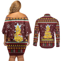 Merry Chickmas Christmas Couples Matching Off Shoulder Short Dress and Long Sleeve Button Shirt with Yellow Chickens Tree Design and Snowflake Pattern - Wonder Print Shop