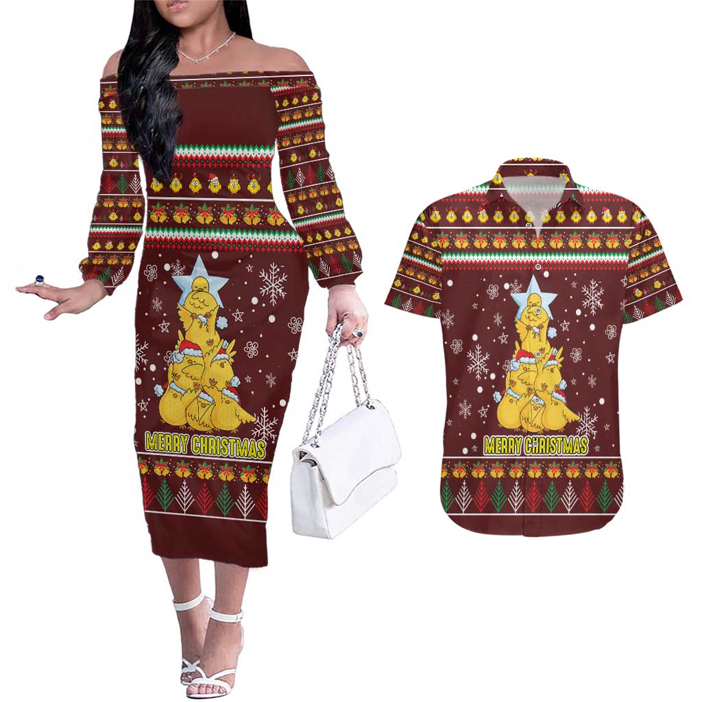 Merry Chickmas Christmas Couples Matching Off The Shoulder Long Sleeve Dress and Hawaiian Shirt with Yellow Chickens Tree Design and Snowflake Pattern - Wonder Print Shop