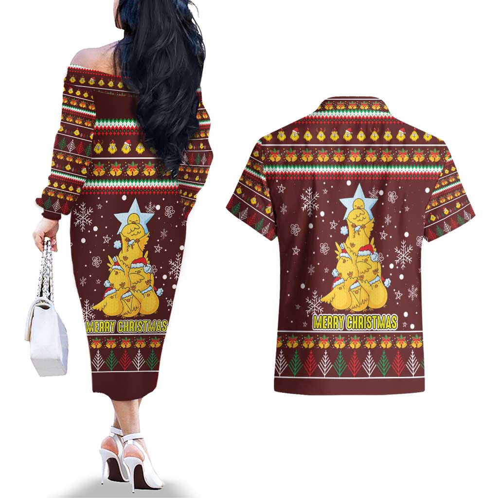 Merry Chickmas Christmas Couples Matching Off The Shoulder Long Sleeve Dress and Hawaiian Shirt with Yellow Chickens Tree Design and Snowflake Pattern - Wonder Print Shop