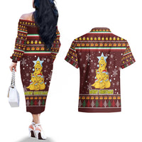 Merry Chickmas Christmas Couples Matching Off The Shoulder Long Sleeve Dress and Hawaiian Shirt with Yellow Chickens Tree Design and Snowflake Pattern - Wonder Print Shop