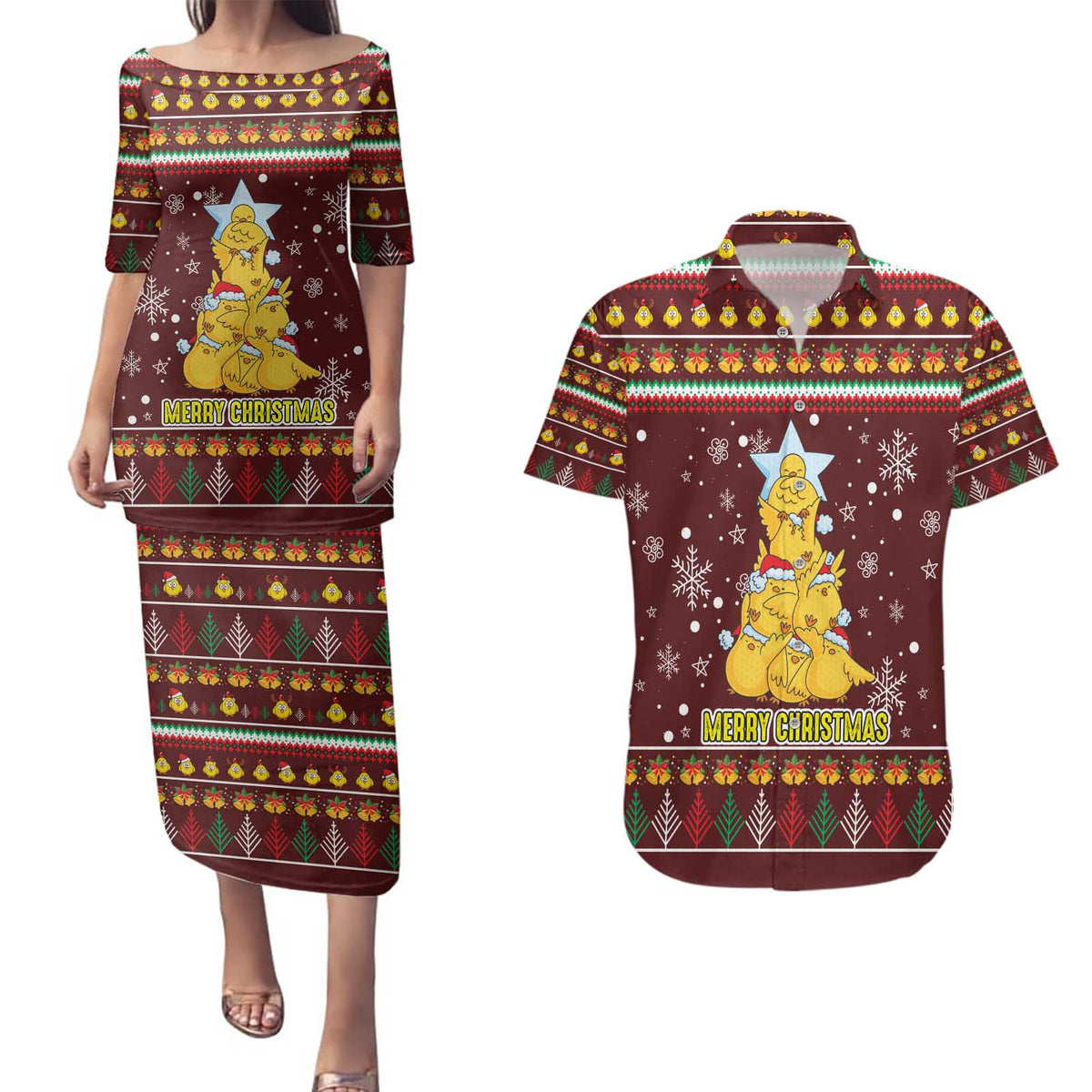 Merry Chickmas Christmas Couples Matching Puletasi and Hawaiian Shirt with Yellow Chickens Tree Design and Snowflake Pattern - Wonder Print Shop