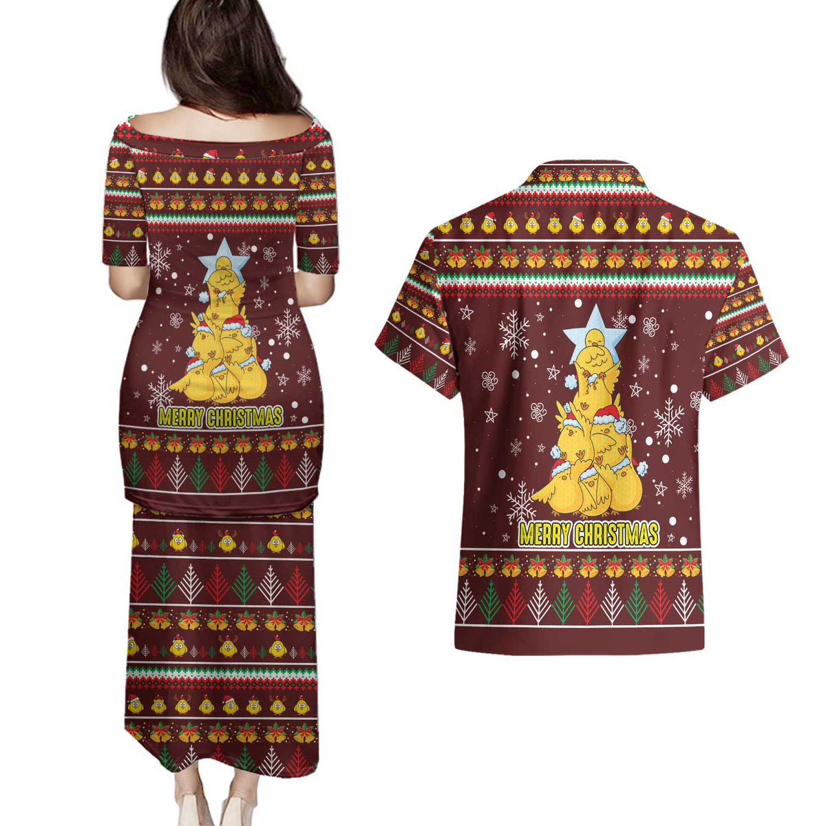 Merry Chickmas Christmas Couples Matching Puletasi and Hawaiian Shirt with Yellow Chickens Tree Design and Snowflake Pattern - Wonder Print Shop