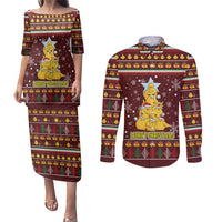 Merry Chickmas Christmas Couples Matching Puletasi and Long Sleeve Button Shirt with Yellow Chickens Tree Design and Snowflake Pattern - Wonder Print Shop