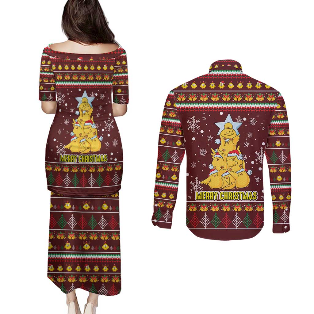 Merry Chickmas Christmas Couples Matching Puletasi and Long Sleeve Button Shirt with Yellow Chickens Tree Design and Snowflake Pattern - Wonder Print Shop