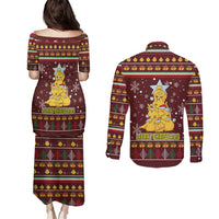 Merry Chickmas Christmas Couples Matching Puletasi and Long Sleeve Button Shirt with Yellow Chickens Tree Design and Snowflake Pattern - Wonder Print Shop