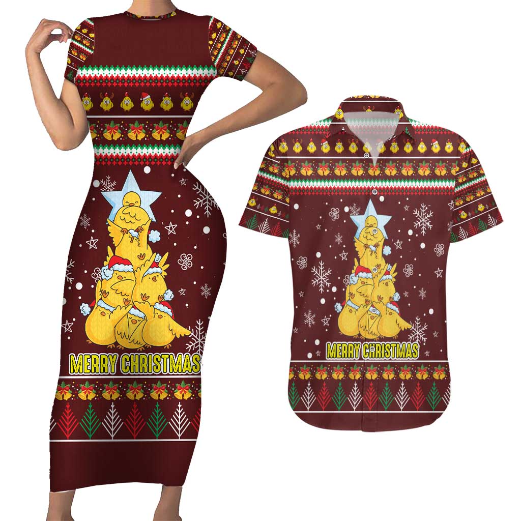 Merry Chickmas Christmas Couples Matching Short Sleeve Bodycon Dress and Hawaiian Shirt with Yellow Chickens Tree Design and Snowflake Pattern - Wonder Print Shop