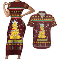 Merry Chickmas Christmas Couples Matching Short Sleeve Bodycon Dress and Hawaiian Shirt with Yellow Chickens Tree Design and Snowflake Pattern - Wonder Print Shop