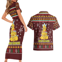 Merry Chickmas Christmas Couples Matching Short Sleeve Bodycon Dress and Hawaiian Shirt with Yellow Chickens Tree Design and Snowflake Pattern - Wonder Print Shop