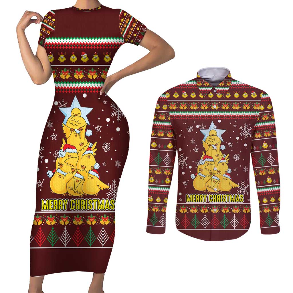 Merry Chickmas Christmas Couples Matching Short Sleeve Bodycon Dress and Long Sleeve Button Shirt with Yellow Chickens Tree Design and Snowflake Pattern - Wonder Print Shop