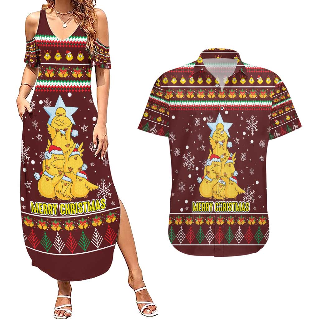 Merry Chickmas Christmas Couples Matching Summer Maxi Dress and Hawaiian Shirt with Yellow Chickens Tree Design and Snowflake Pattern - Wonder Print Shop