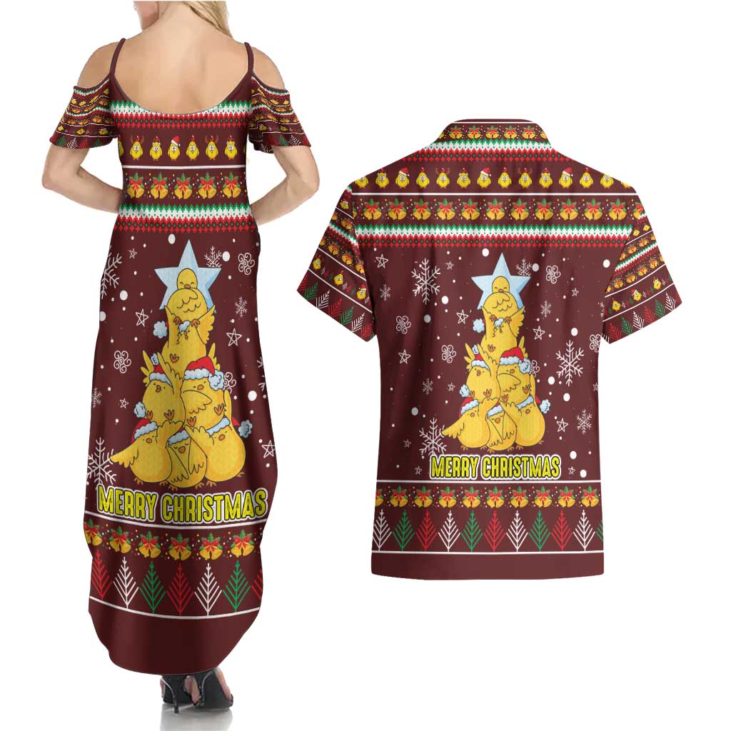 Merry Chickmas Christmas Couples Matching Summer Maxi Dress and Hawaiian Shirt with Yellow Chickens Tree Design and Snowflake Pattern - Wonder Print Shop