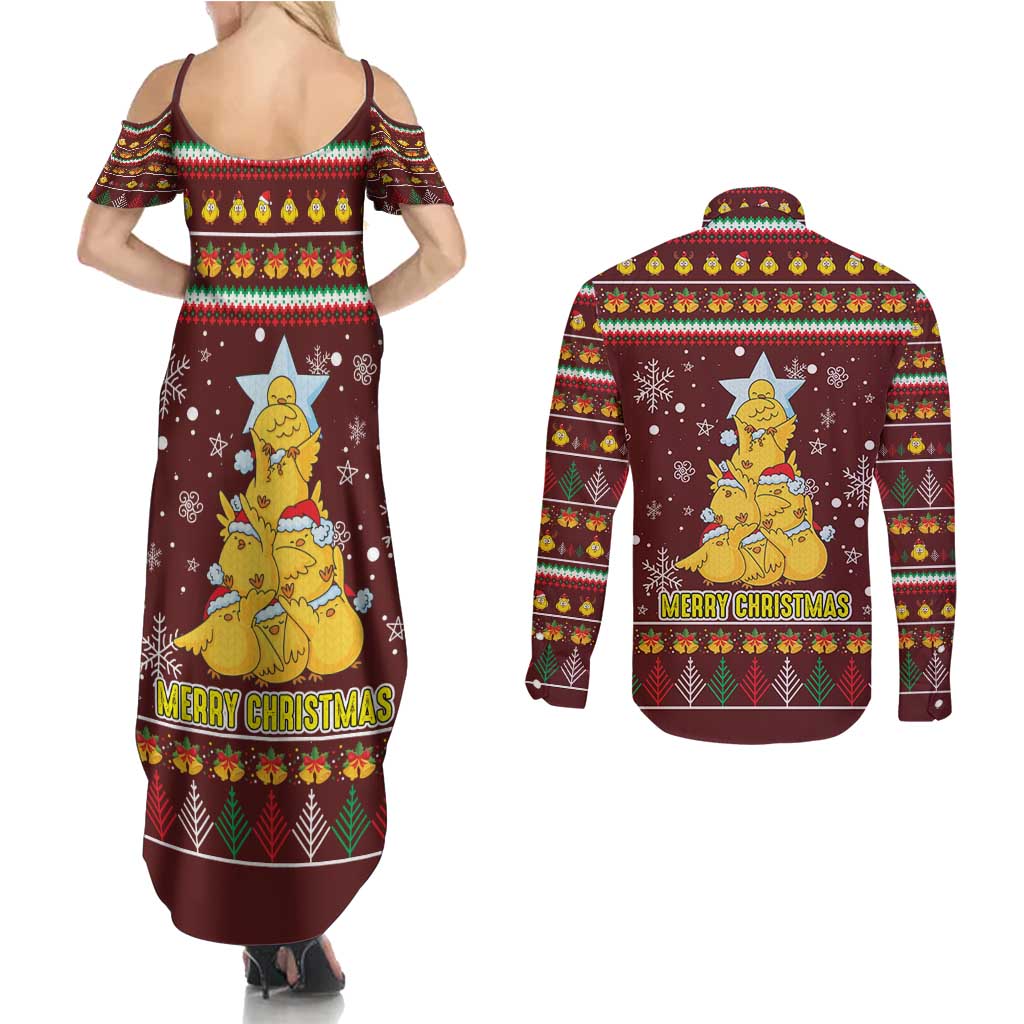 Merry Chickmas Christmas Couples Matching Summer Maxi Dress and Long Sleeve Button Shirt with Yellow Chickens Tree Design and Snowflake Pattern - Wonder Print Shop