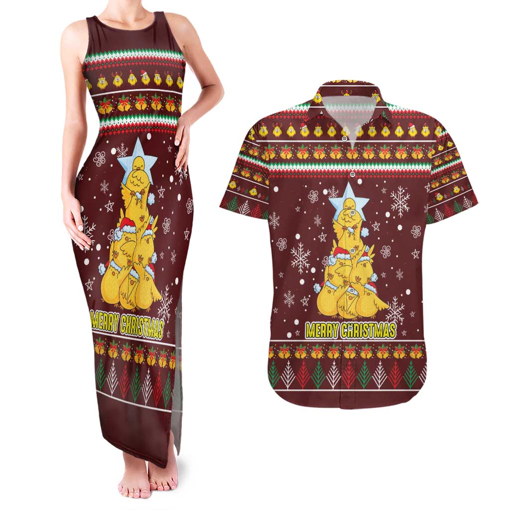 Merry Chickmas Christmas Couples Matching Tank Maxi Dress and Hawaiian Shirt with Yellow Chickens Tree Design and Snowflake Pattern - Wonder Print Shop