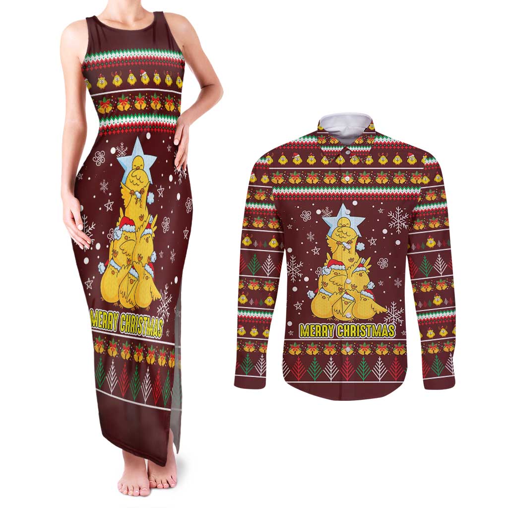 Merry Chickmas Christmas Couples Matching Tank Maxi Dress and Long Sleeve Button Shirt with Yellow Chickens Tree Design and Snowflake Pattern - Wonder Print Shop