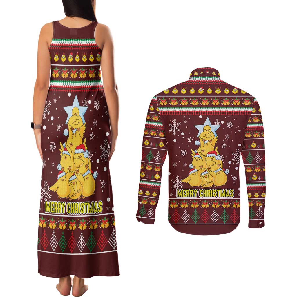 Merry Chickmas Christmas Couples Matching Tank Maxi Dress and Long Sleeve Button Shirt with Yellow Chickens Tree Design and Snowflake Pattern - Wonder Print Shop