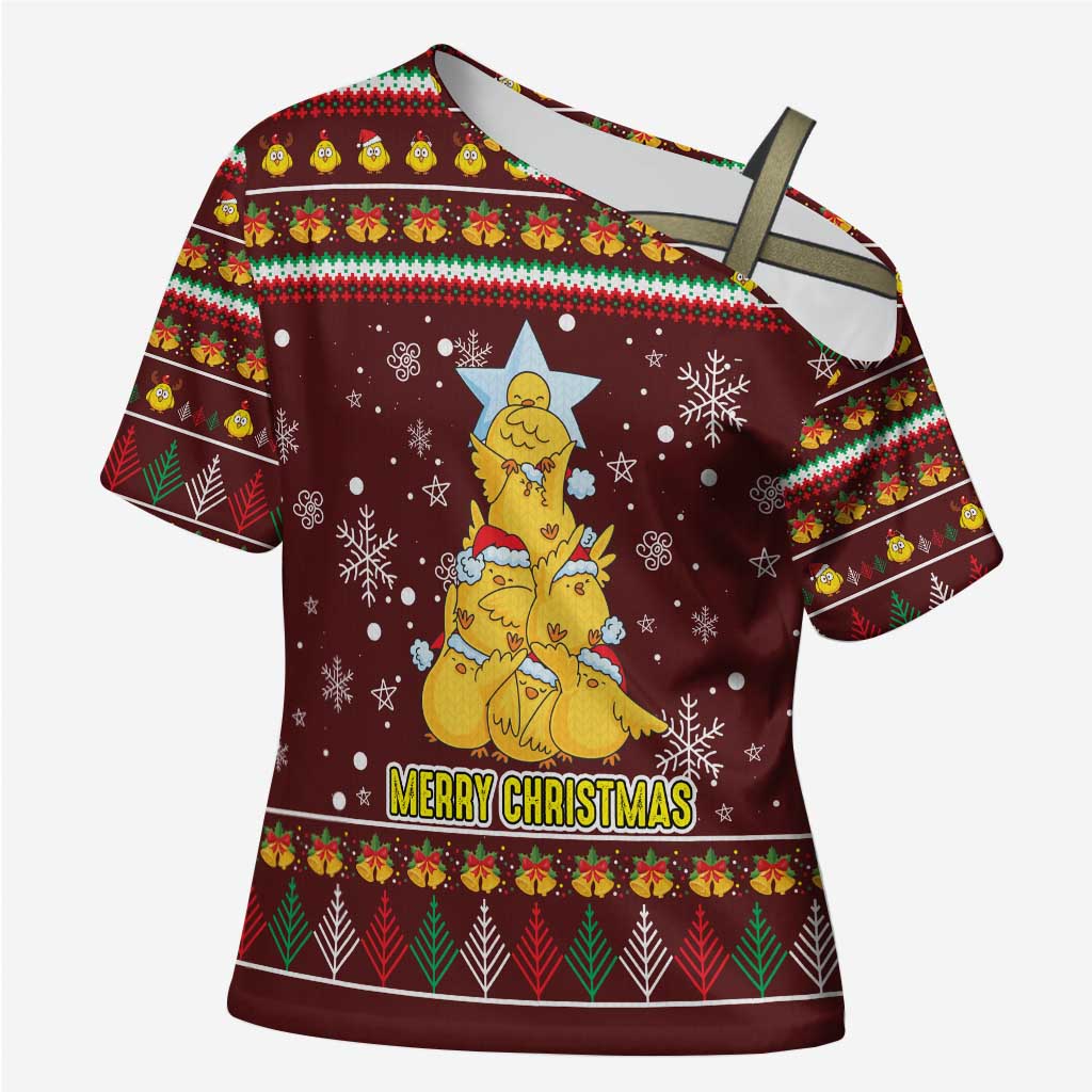 Merry Chickmas Christmas Cross Shoulder Shirt with Yellow Chickens Tree Design and Snowflake Pattern - Wonder Print Shop