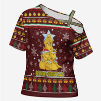 Merry Chickmas Christmas Cross Shoulder Shirt with Yellow Chickens Tree Design and Snowflake Pattern - Wonder Print Shop