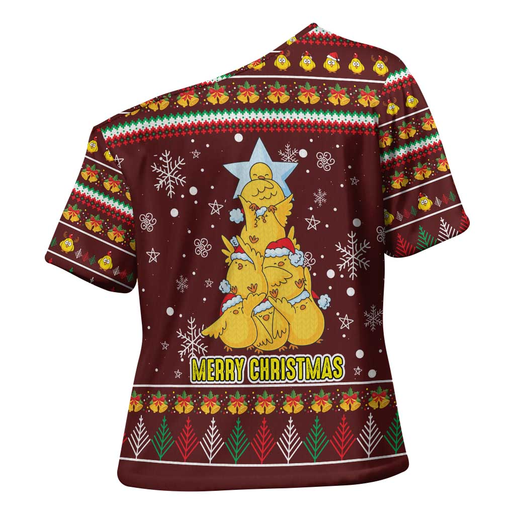 Merry Chickmas Christmas Cross Shoulder Shirt with Yellow Chickens Tree Design and Snowflake Pattern - Wonder Print Shop