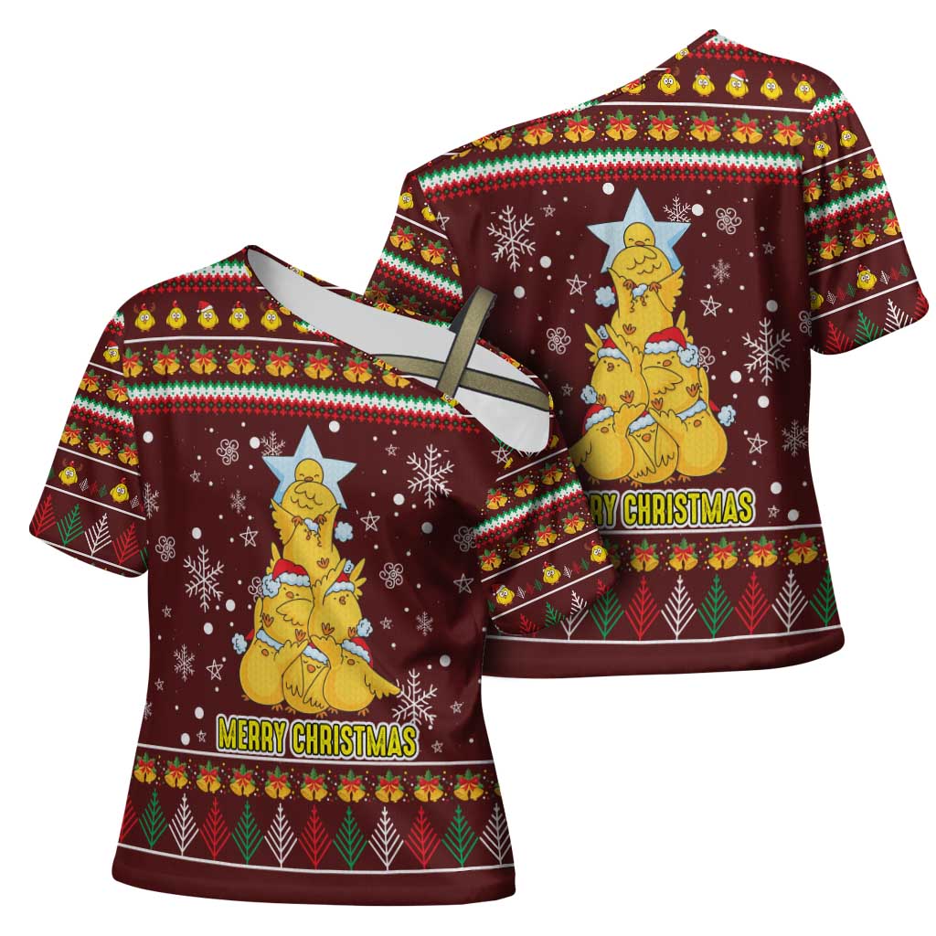 Merry Chickmas Christmas Cross Shoulder Shirt with Yellow Chickens Tree Design and Snowflake Pattern - Wonder Print Shop