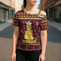 Merry Chickmas Christmas Cross Shoulder Shirt with Yellow Chickens Tree Design and Snowflake Pattern - Wonder Print Shop