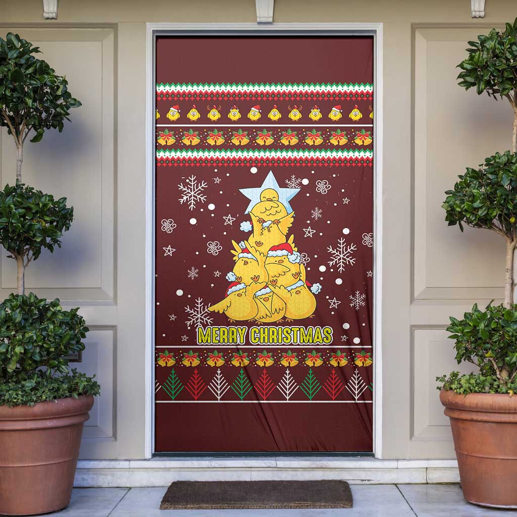 Merry Chickmas Christmas Door Cover with Yellow Chickens Tree Design and Snowflake Pattern - Wonder Print Shop