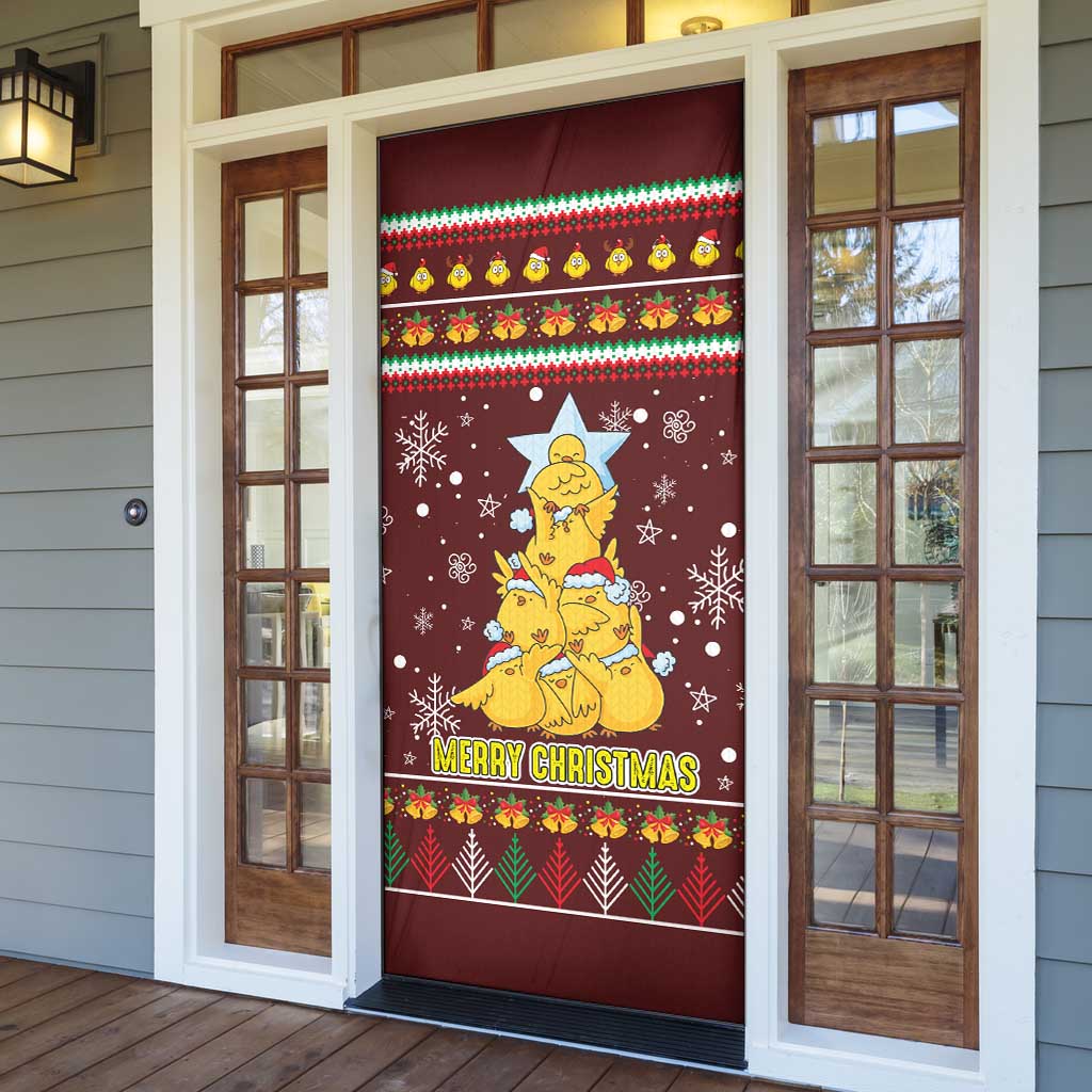 Merry Chickmas Christmas Door Cover with Yellow Chickens Tree Design and Snowflake Pattern - Wonder Print Shop