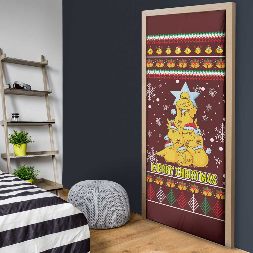 Merry Chickmas Christmas Door Cover with Yellow Chickens Tree Design and Snowflake Pattern - Wonder Print Shop