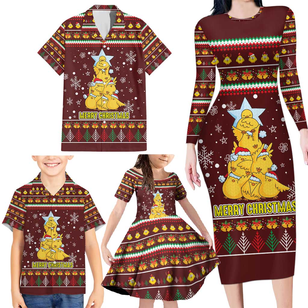 Merry Chickmas Christmas Family Matching Long Sleeve Bodycon Dress and Hawaiian Shirt with Yellow Chickens Tree Design and Snowflake Pattern - Wonder Print Shop