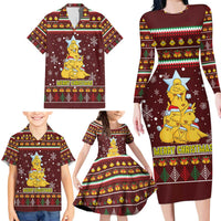 Merry Chickmas Christmas Family Matching Long Sleeve Bodycon Dress and Hawaiian Shirt with Yellow Chickens Tree Design and Snowflake Pattern - Wonder Print Shop