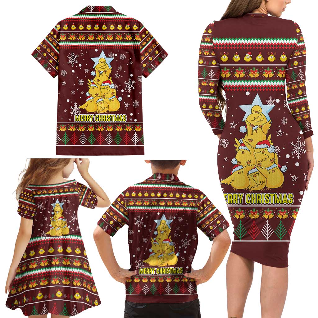 Merry Chickmas Christmas Family Matching Long Sleeve Bodycon Dress and Hawaiian Shirt with Yellow Chickens Tree Design and Snowflake Pattern - Wonder Print Shop
