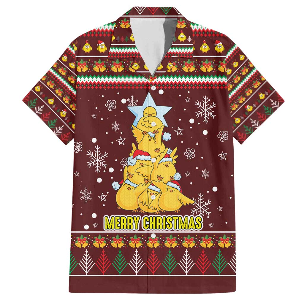 Merry Chickmas Christmas Family Matching Long Sleeve Bodycon Dress and Hawaiian Shirt with Yellow Chickens Tree Design and Snowflake Pattern - Wonder Print Shop