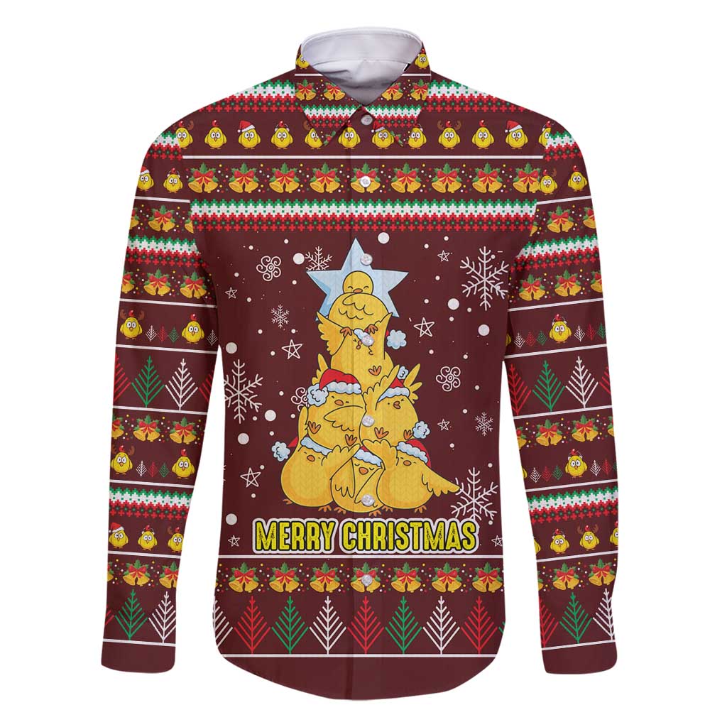 Merry Chickmas Christmas Family Matching Long Sleeve Bodycon Dress and Hawaiian Shirt with Yellow Chickens Tree Design and Snowflake Pattern - Wonder Print Shop