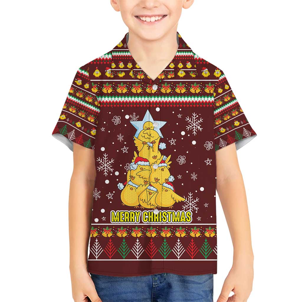 Merry Chickmas Christmas Family Matching Long Sleeve Bodycon Dress and Hawaiian Shirt with Yellow Chickens Tree Design and Snowflake Pattern - Wonder Print Shop