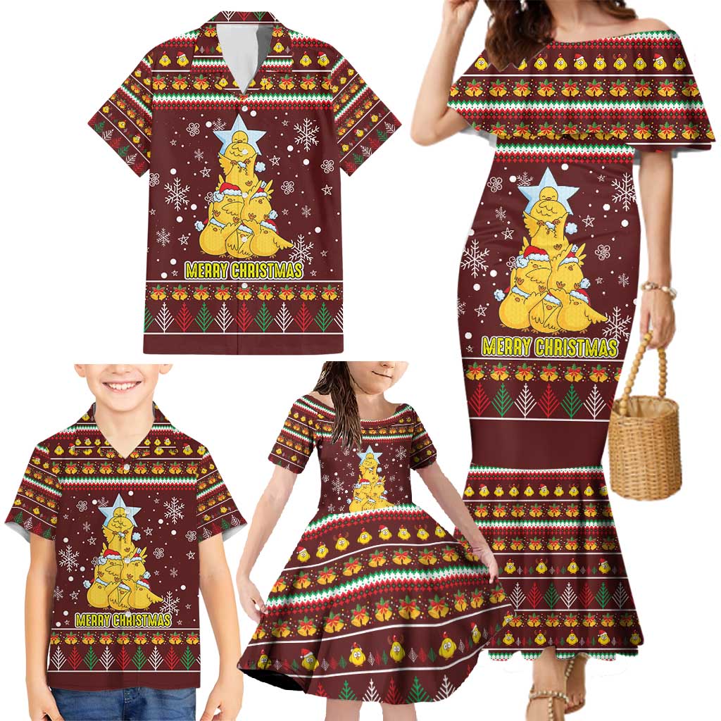 Merry Chickmas Christmas Family Matching Mermaid Dress and Hawaiian Shirt with Yellow Chickens Tree Design and Snowflake Pattern - Wonder Print Shop