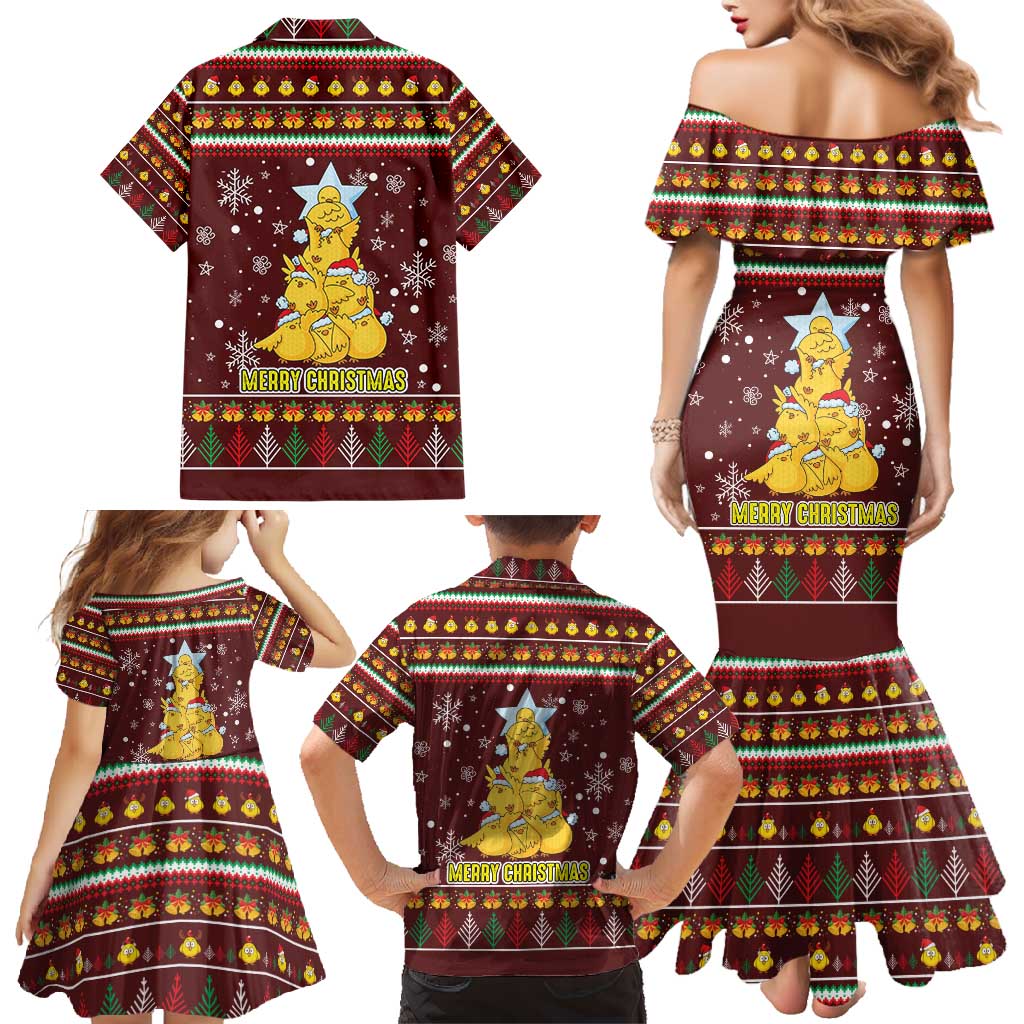 Merry Chickmas Christmas Family Matching Mermaid Dress and Hawaiian Shirt with Yellow Chickens Tree Design and Snowflake Pattern - Wonder Print Shop