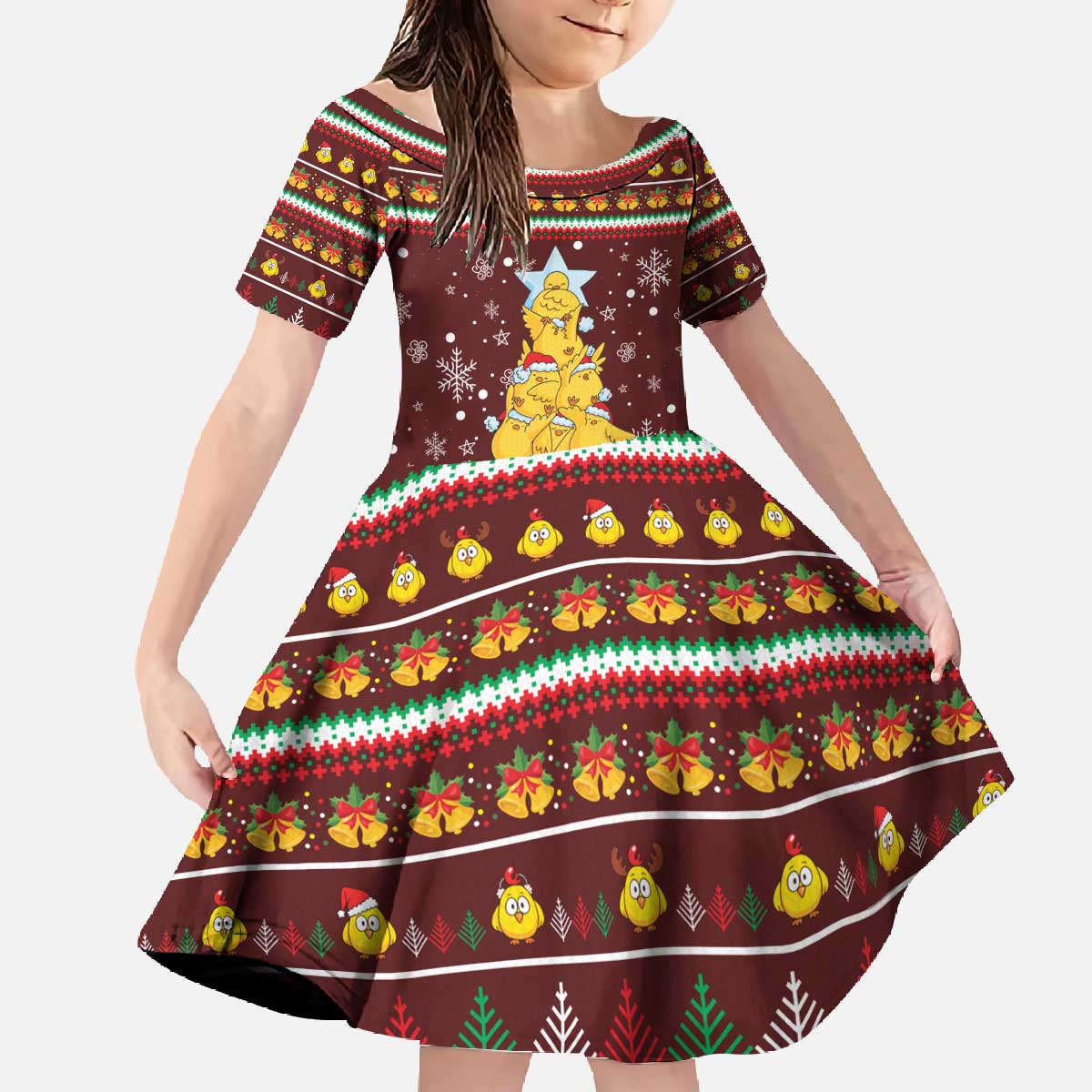 Merry Chickmas Christmas Family Matching Off The Shoulder Long Sleeve Dress and Hawaiian Shirt with Yellow Chickens Tree Design and Snowflake Pattern - Wonder Print Shop
