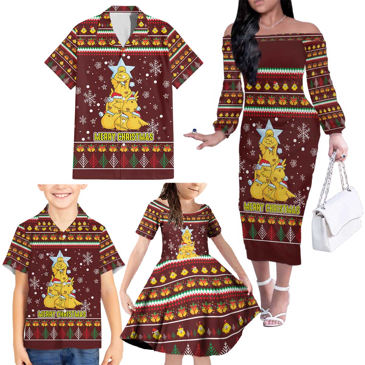 Merry Chickmas Christmas Family Matching Off The Shoulder Long Sleeve Dress and Hawaiian Shirt with Yellow Chickens Tree Design and Snowflake Pattern - Wonder Print Shop