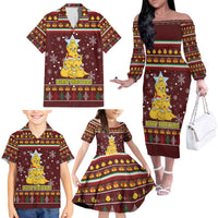 Merry Chickmas Christmas Family Matching Off The Shoulder Long Sleeve Dress and Hawaiian Shirt with Yellow Chickens Tree Design and Snowflake Pattern - Wonder Print Shop