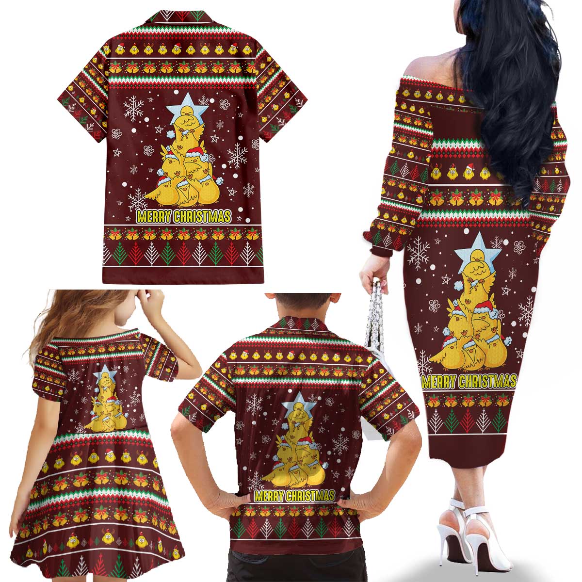 Merry Chickmas Christmas Family Matching Off The Shoulder Long Sleeve Dress and Hawaiian Shirt with Yellow Chickens Tree Design and Snowflake Pattern - Wonder Print Shop
