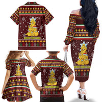 Merry Chickmas Christmas Family Matching Off The Shoulder Long Sleeve Dress and Hawaiian Shirt with Yellow Chickens Tree Design and Snowflake Pattern - Wonder Print Shop