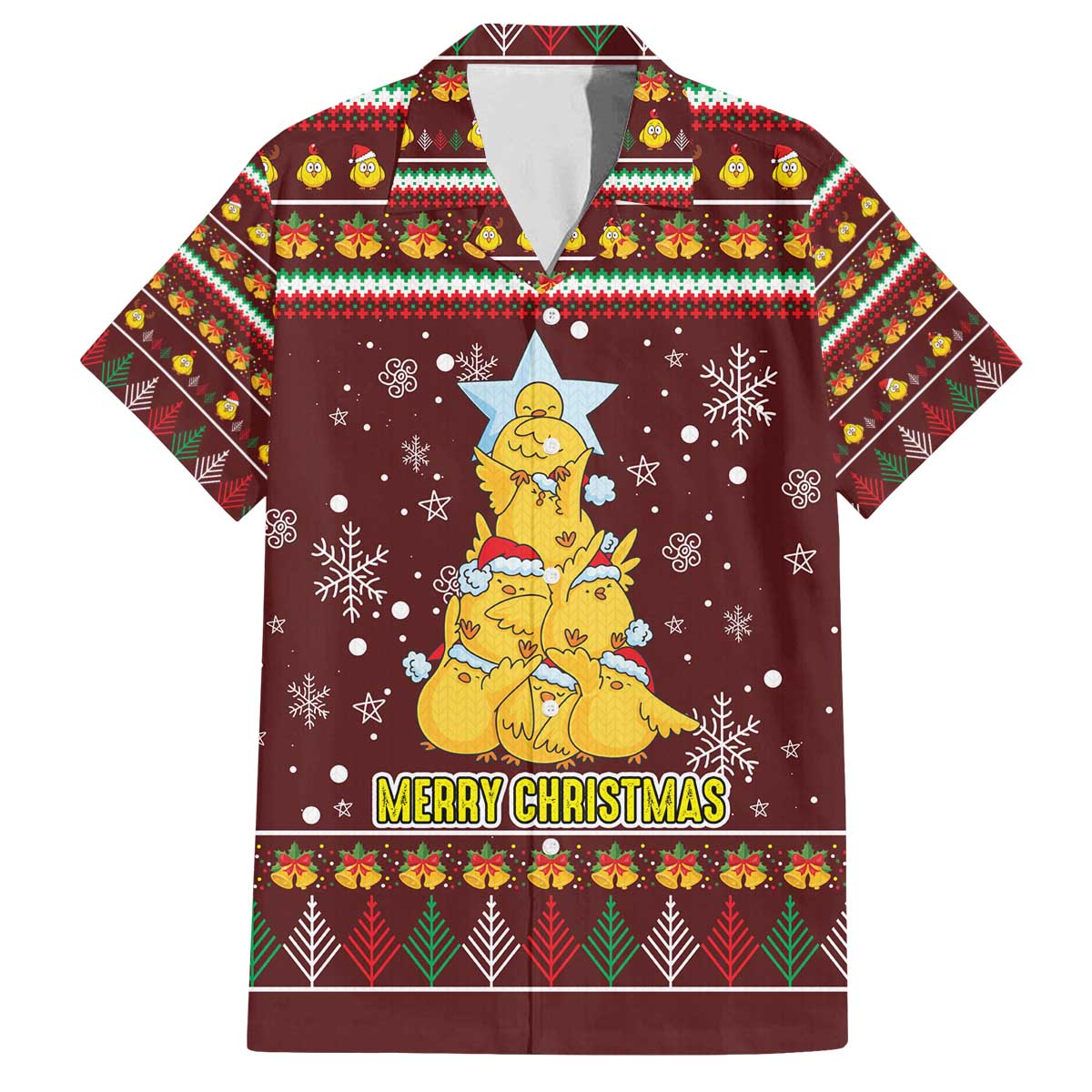 Merry Chickmas Christmas Family Matching Off The Shoulder Long Sleeve Dress and Hawaiian Shirt with Yellow Chickens Tree Design and Snowflake Pattern - Wonder Print Shop